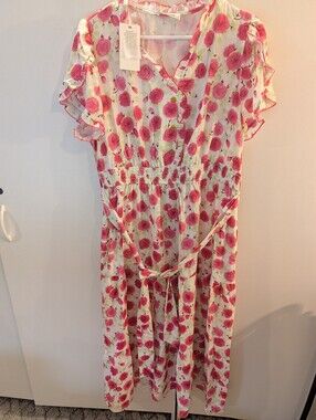 Grace Karin XL Pink Floral Ruffle Sleeve Boho Dress NWT